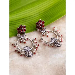 Voylla Oxidised Silver-Plated & Maroon Handcrafted Stone-Studded Circular Drop Earrings-picture-25
