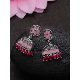Voylla Oxidised Silver-Plated & Pink Contemporary Drop Earrings-picture-30