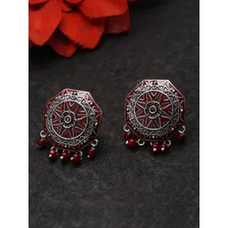 Voylla Oxidised Silver-Plated & Red Geometric  Oversize Studs-picture-25