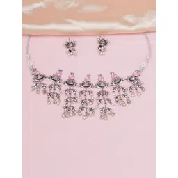 Voylla Pink & Silver-Plated Stone-Studded & Beaded Jewellery Set-picture-16