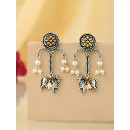 Voylla Qasbah Silver-Plated Beaded Nandi Animal Shaped Drop Earrings-picture-33