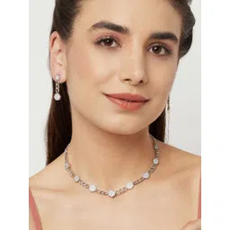 Voylla Rhodium-Plated Silver Toned & White Stone Studded Jewellery Set-picture-18