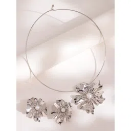 Voylla Silver Blume Floral Drama Necklace & Earring Set-picture-43