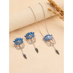 Voylla Silver Boho Tribe Lotus Plume Oxidised Necklace & Earring Set-picture-32