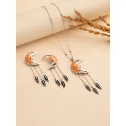 Voylla Silver Boho Tribe Moonlit Lotus Oxidised Necklace & Earring Set-picture-31