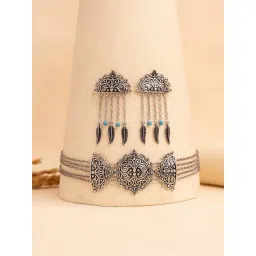 Voylla Silver Boho Tribe Nomadic Oxidised Choker Necklace & Earring Set-picture-21
