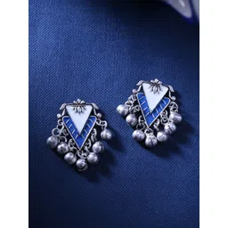 Voylla Silver-Plated & Blue Contemporary Oxidised Drop Earrings-picture-23