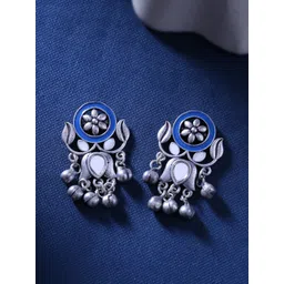 Voylla Silver-Plated & Blue Contemporary Oxidised Drop Earrings-picture-22