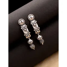 Voylla Silver-Plated Black Oxidised Contemporary Drop Earrings-picture-28