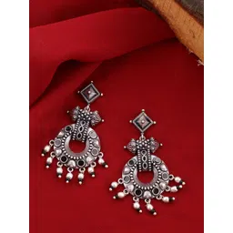 Voylla Silver-Plated Contemporary Oxidised Drop Earrings-picture-17