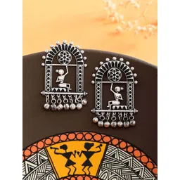 Voylla Silver Plated Contemporary Oxidised Drop Earrings-picture-14