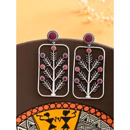 Voylla Silver Plated Contemporary Oxidised Stone Studded Drop Earrings-picture-23