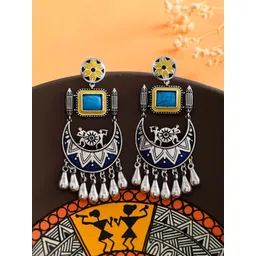 Voylla Silver Plated Contemporary Oxidised Stone Studded Drop Earrings image 1