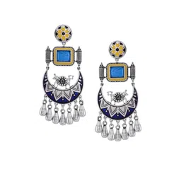 Voylla Silver Plated Contemporary Oxidised Stone Studded Drop Earrings image 2