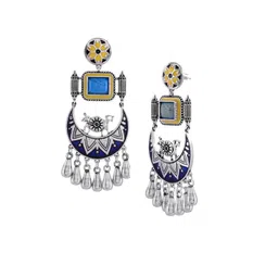 Voylla Silver Plated Contemporary Oxidised Stone Studded Drop Earrings image 3