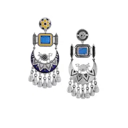 Voylla Silver Plated Contemporary Oxidised Stone Studded Drop Earrings image 4