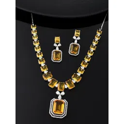 Voylla Silver Sparkling Elegance Radiant Summer Yellow American Diamond Necklace & Earring Set-picture-20