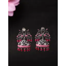 Voylla Silver-Toned & Pink Geometric Jhumkas-picture-28