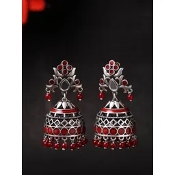 Voylla Silver-Toned & Red Dome Shaped Jhumkas-picture-18