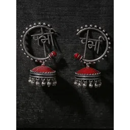 Voylla Silver-Toned & Red Dome Shaped Oxidised Jhumkas-picture-29