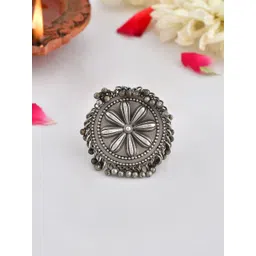 Voylla Women Silver-Plated Oxidised Floral Motif Statement Finger Ring-picture-31