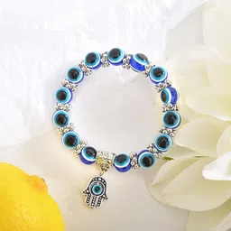 vr creatives Turkish Evil Eye Blue Beaded Hamsa Charm Stretch Bracelet Men & Women Wrist Band image 3