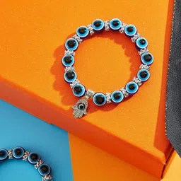vr creatives Turkish Evil Eye Blue Beaded Hamsa Charm Stretch Bracelet Men & Women Wrist Band image 4