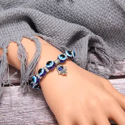 vr creatives Turkish Evil Eye Blue Beaded Hamsa Charm Stretch Bracelet Men & Women Wrist Band image 5