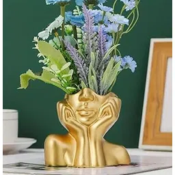 VRB Dec 1 Pcs Vase for Home Decor, Living Room, Office, Bedroom,Centre Table,Ceramic Look Unbreakable Showpiece Flower Pot for Decorations (Only vase, No Flower) Size - 15 cm (Face Design 1 - Gold)-image-34