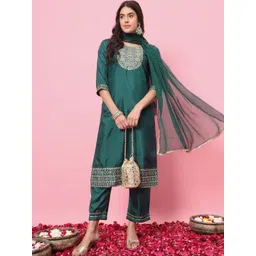 VredeVogel Floral Embroidered Yoke Design Sequinned Straight Kurta with Trouser & Dupatta-picture-21