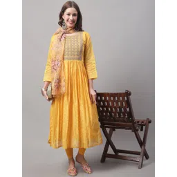 VredeVogel Floral Woven Design A-Line Chanderi Silk Kurta With Leggings & Dupatta-picture-36