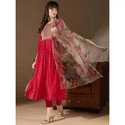 VredeVogel Floral Woven Design Sequinned Chanderi Silk Kurta With Leggings & Dupatta-picture-27