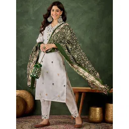 VredeVogel Women Floral Embroidered Cotton Blend Kurta with Trousers & Art Silk Dupatta-picture-37