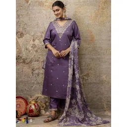 VredeVogel Women Floral Embroidered Regular Kurta with Trousers & With Dupatta-picture-30