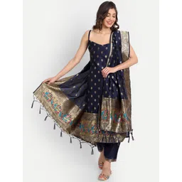 VredeVogel Women Navy Blue Printed Empire Kurta with Trousers & With Dupatta-picture-37