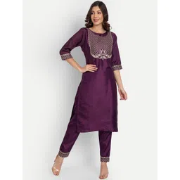 VredeVogel Women Purple Embroidered Kurta with Trousers-picture-24