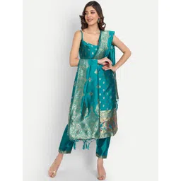 VredeVogel Women Teal Ethnic Motifs Kurti with Trousers & With Dupatta-picture-15