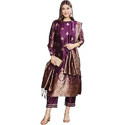 vredevogel Women's Cotton Silk Jacquard, Banarasi Silk Kurta Pant With Dupatta Set-picture-19