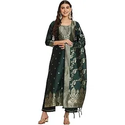 vredevogel Women's Cotton Silk Jacquard Kurta Pant Set with Banarasi Silk Dupatta-picture-11