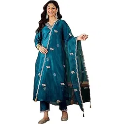 vredevogel Women's Ethnic Wear Embroidered Silk Blend Kurta Pant Set with Organza Dupatta | Festive & Casual Summer Kurti with Pants for Party Office & Ethnic Occasions-picture-42