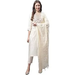 vredevogel Women's Silk Blend Chanderi Modal Butti Regular Kurta With Trouser Pant & Embroidered Chanderi Dupatta Set-picture-12