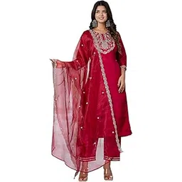 vredevogel Women's Silk Blend Embroidered Kurta with Pant & Dupatta Set-picture-32