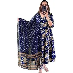 VRSS Enterprises Floral Print Dress, Traditional Indian Long Maxi Dress, V-Neck Flowy Loungewear in Green,Blue,Brown,Teal with Gold Embroidered Border Pattern-picture-11