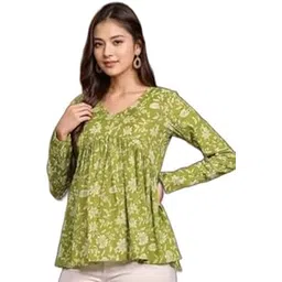 VRSS Enterprises Floral Print Peplum Top, Long Sleeve, Empire Waist, Available in Green image 1