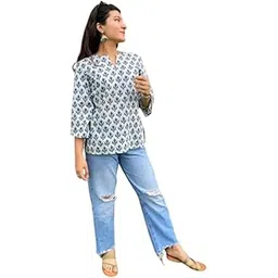 vrvastra Floral Print Rayon Kurta for Women | Regular Fit Top | Stylish Top for Girls | Top for Office | Kurti for Women | Light Blue | 1079-picture-11