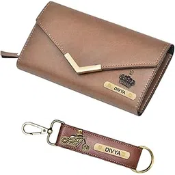 vs gifts Customized Ladies Wallet and Keychain Gift Set | Personalised Ladies Wallet Gift Set for Wife, Mom, Sister and Friends (Brown) image 1