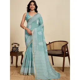 VS MALL Women Blue Printed Linen Blend Saree-picture-27