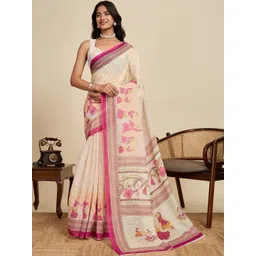 VS MALL Women Cream & Pink Linen Blend Saree-picture-30