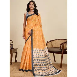 VS MALL Women Printed Mustard Linen Blend Saree-picture-24