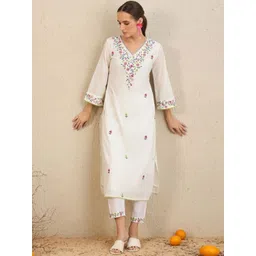 V.S.Creation Floral Embroidered Pure Cotton V-Neck Straight Kurta With Trousers & Dupatta-picture-31